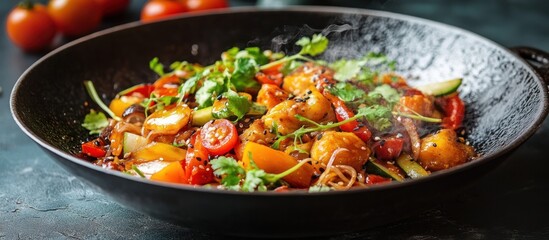 Steaming wok with a mix of fresh vegetables and sauce.
