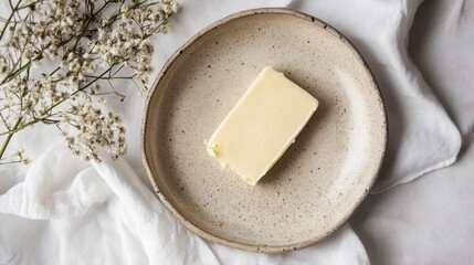 Rustic Ceramic Butter Dish on Textured Linen