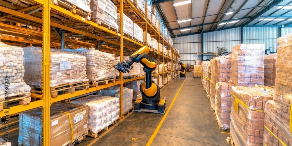 Poster cargo management warehouse optimization concept. automated robot arm organizing packages in a large 