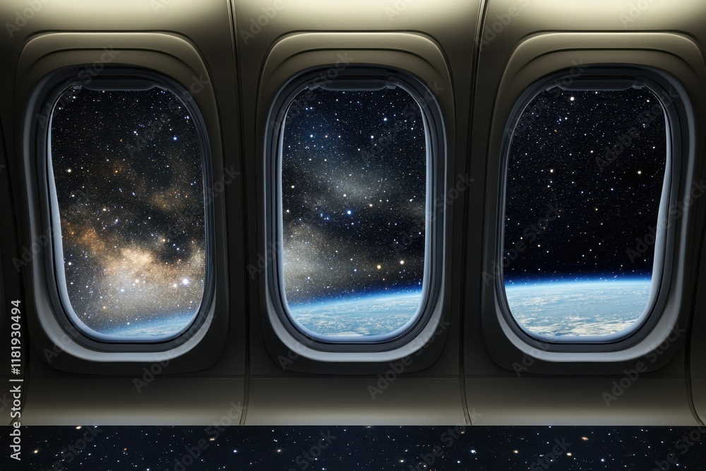 Poster view of earth and stars from spaceship windows in deep space