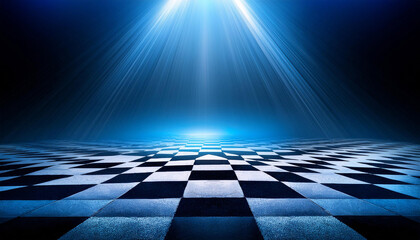a blue and black checkered floor with lights shining on it