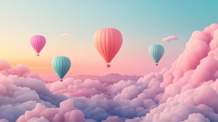 Obraz premium Dreamy Hot Air Balloons Floating in Colorful Clouds at Sunrise, Whimsical and Lighthearted Design