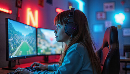 Focused young girl gaming at night with colorful lights, modern entertainment symbol