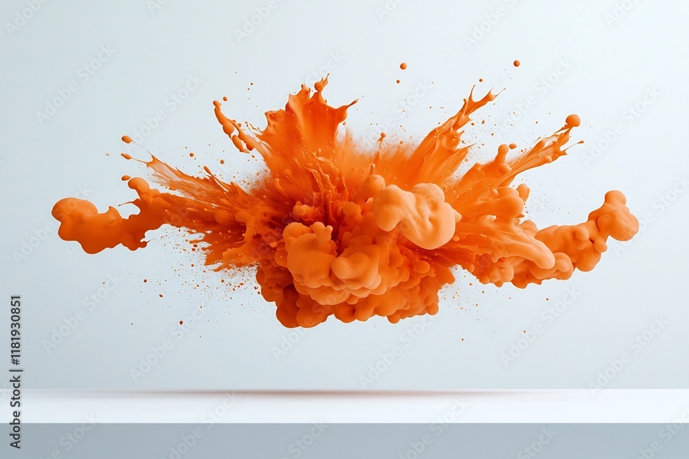 Poster whimsical orange liquid explosion dynamically suspended on pristine white surface forming a captivat