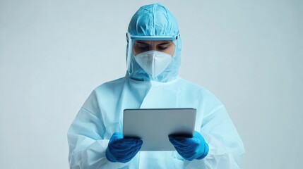 Healthcare Worker in Protective Gear Using Tablet