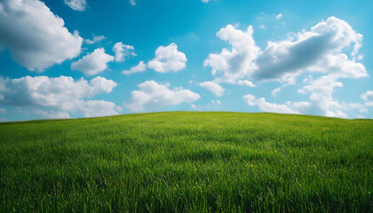 Obraz premium Lush green field under a vibrant blue sky with fluffy clouds