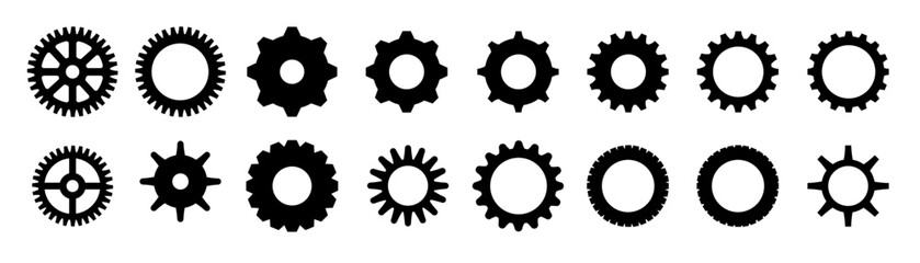 Gears shapes line icons. Flat machine gear icon. Wheel cogwheel vector. Simple outline isolated elements. Black gear.