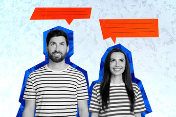 Banner creative poster art collage of two happy girl guy look chatterbox speech communication...