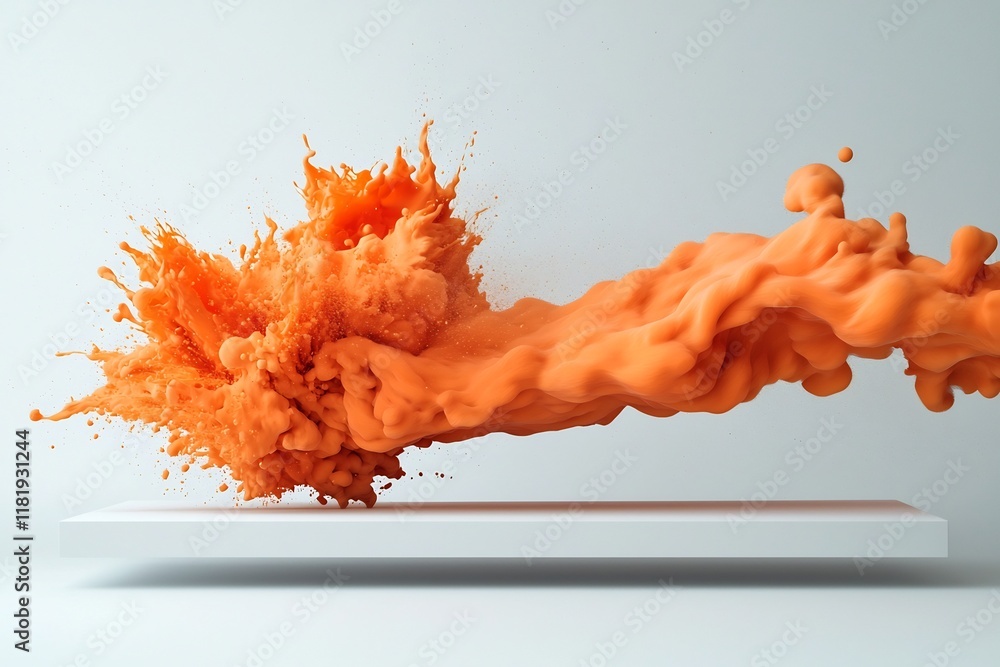Poster captivating abstract display featuring a cascading burst of vibrant orange liquid flowing and splash