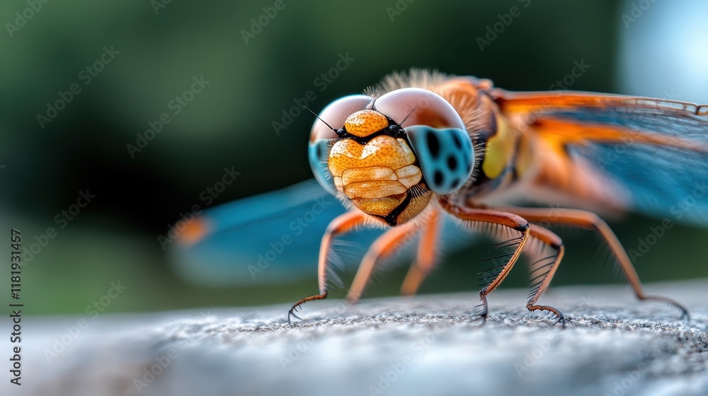 Poster an extreme close-up image of a vibrant dragonfly displaying its intricate features and vivid colors,