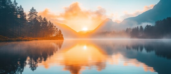 Sunrise over a tranquil mountain lake with fog and trees reflected in the water.