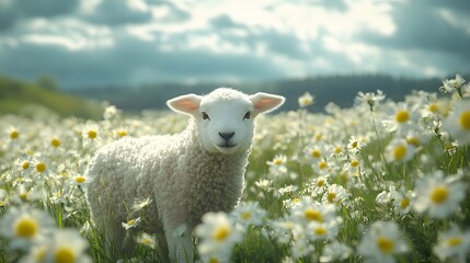 Fototapeta premium Artistic representation of a lamb in a pastoral field, symbolizing the essence of Easter in a serene style