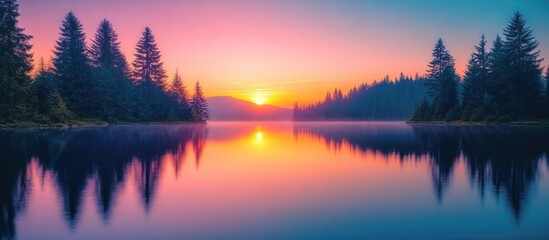 Fototapeta premium A serene lake reflecting the soft hues of sunrise over a forested shoreline.