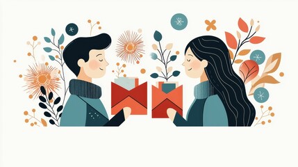 Valentine's Day and Chinese New Year concept. Two people exchanging gifts surrounded by floral elements and cheerful decorations.