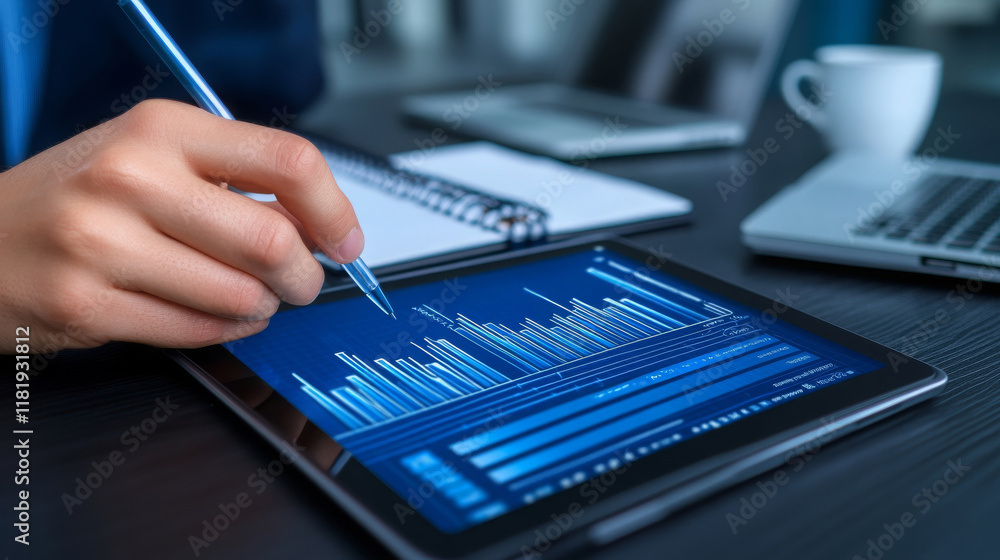 Poster close up of person using tablet and stylus to analyze data, with notebook and laptop in background, 