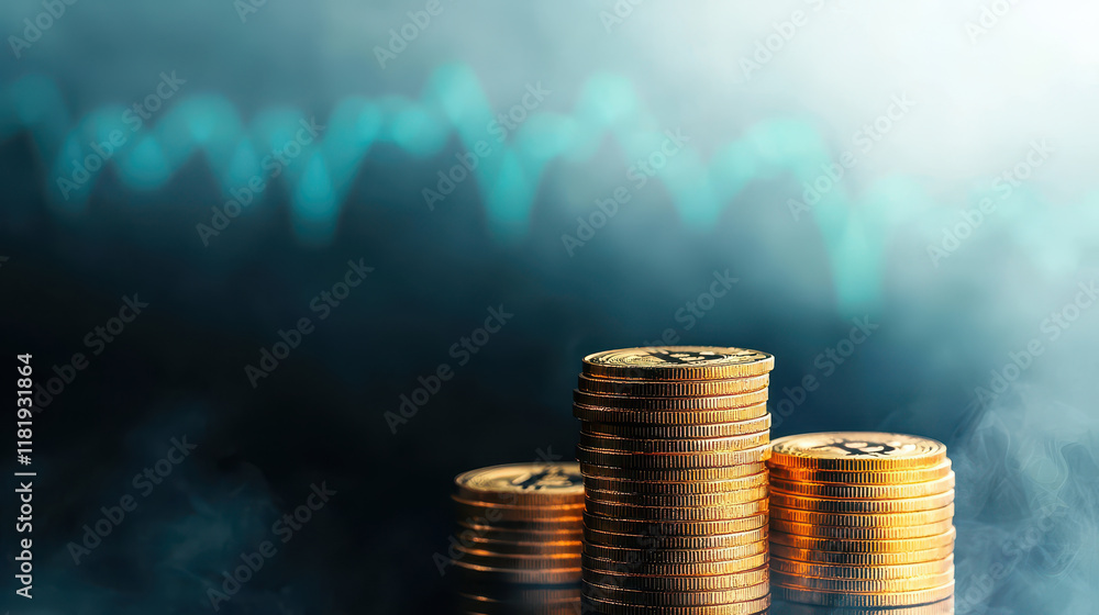 Aufkleber stacks of gold coins with hazy background and financial graph