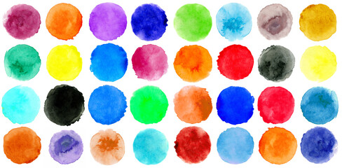 Set of hand painted watercolor textured round backgrounds isolated on white. Collection of multicolor brush strokes.