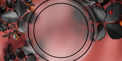 Circle frame, acrylic glass, leaf background, 3D illustration