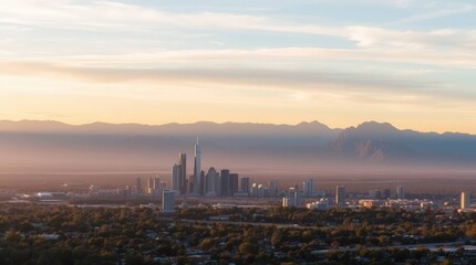 Obraz premium A panoramic view of a city skyline at sunset, shrouded in mist, with distant mountains under a colorful sky.