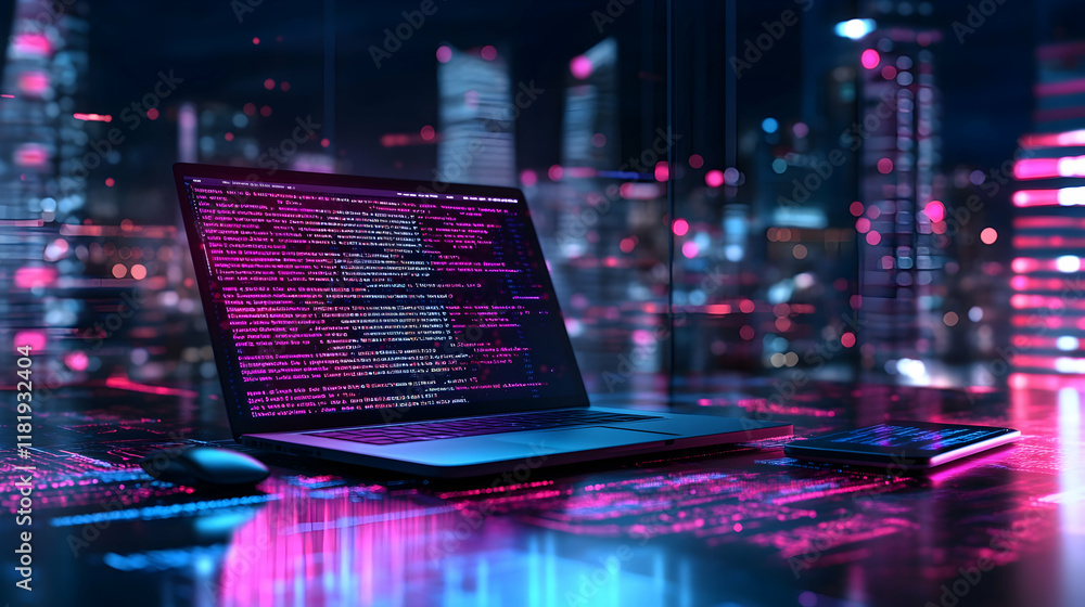 Poster laptop displaying code with futuristic city backdrop