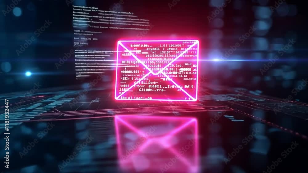 Fototapete A glowing envelope icon emanates vibrant light amidst a backdrop of digital code and abstract data patterns. This captivating representation symbolizes modern communication and technology.
