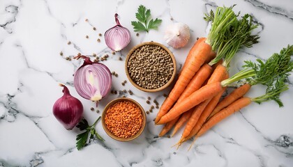 A vibrant arrangement of fresh carrots, red onions, garlic, lentils, and peppercorns on a marble surface
