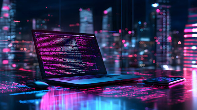 Laptop displaying code with futuristic city backdrop