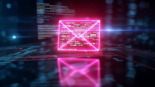 A glowing envelope icon emanates vibrant light amidst a backdrop of digital code and abstract data patterns. This captivating representation symbolizes modern communication and technology.