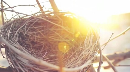bird's nest on a tree branch decorated with sunlight