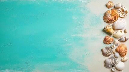 Obraz premium Colorful Seashells Arranged on Beach with Turquoise Water Background