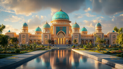 Majestic Palace Reflecting in a Calm Pond with Serene Surroundings and Elegant Design