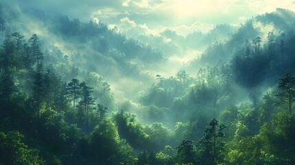 Fototapeta premium Chinese brush-style depiction of a peaceful forest with sunlight streaming through trees, promoting environmental awareness