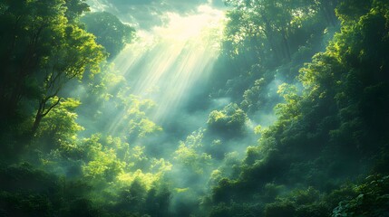 Obraz premium Chinese brush-style depiction of a peaceful forest with sunlight streaming through trees, promoting environmental awareness