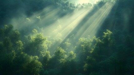 Fototapeta premium Chinese brush-style depiction of a peaceful forest with sunlight streaming through trees, promoting environmental awareness