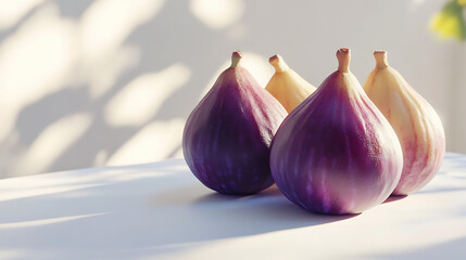Fototapeta premium A close-up of purple and white figs arranged on a surface with soft lighting.