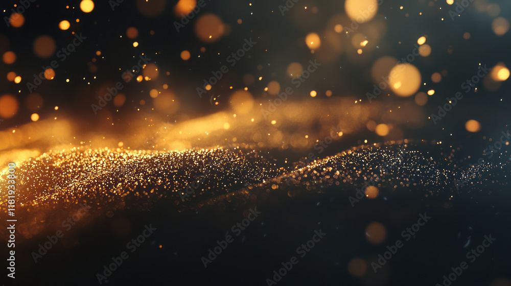 Poster golden sparkling particles illuminated over a dark background creating an enchanting atmosphere
