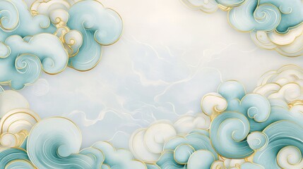 Serene Elegance: Chinese Cloud Motif Patterns in Soft Blue and Gold Illustration