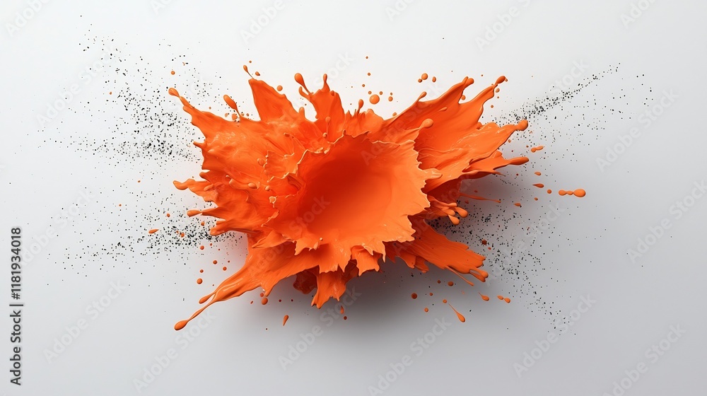 Poster dramatic explosion of vibrant orange fluid dynamically frozen on a pristine white canvas showcasing 