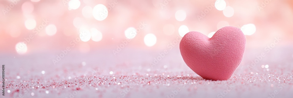 Poster Pink heart standing on a sparkling glitter surface with a bokeh effect in the background, creating a romantic and festive atmosphere, perfect for valentine's day or a declaration of love