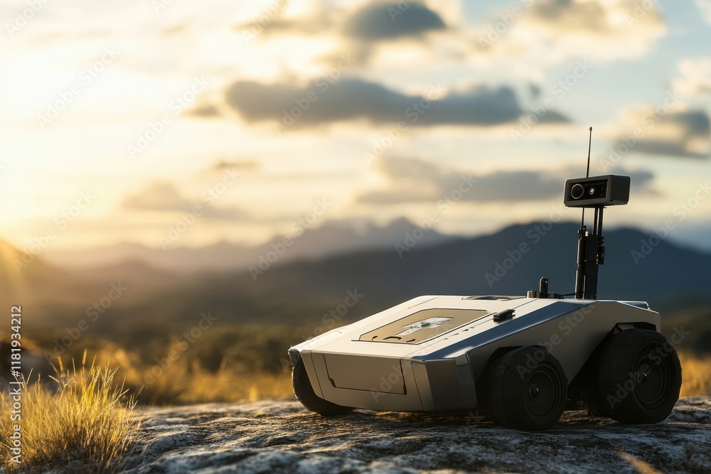 Poster robot exploration under a sunset in mountainous terrain with clouds above