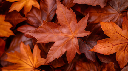 close up shot of autumn leaves in vibrant orange and brown hues, showcasing intricate textures and details that evoke beauty of fall season