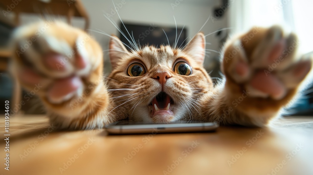 Poster an excited cat with its mouth open and paws extended is captured in a dynamic pose, conveying a sens