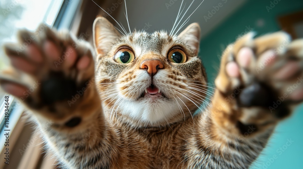 Poster this striking image captures a curious cat stretching its paws toward the viewer through a window, e