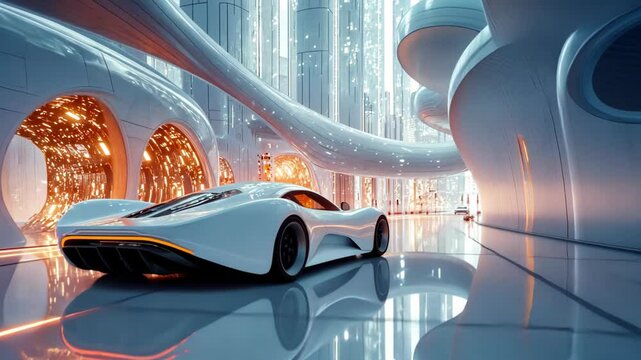 futuristic city with hi-tech car in white gold tone color 