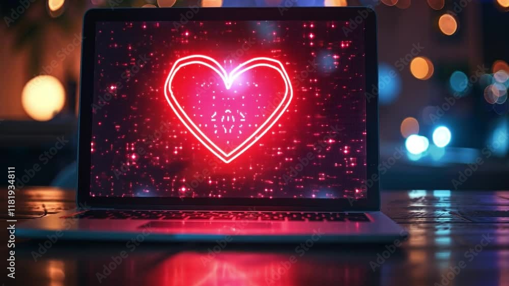 Leinwandbilder a vibrant heart design glows in red on a laptop screen, surrounded by soft bokeh lights creating a r