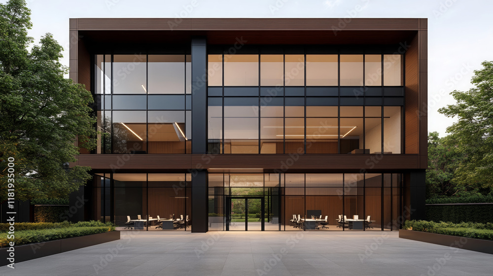 Poster modern office building with large glass windows and sleek design, surrounded by greenery. contempora