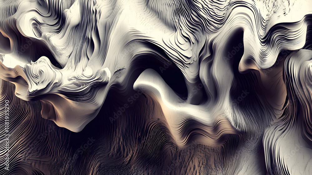 Poster abstract 3d rendered image of swirling, layered forms resembling sand dunes or sculpted clay, showca