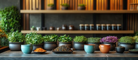 A row of potted herbs on a gray countertop in a modern kitchen, with various spices and herbs in bowls, and a wooden shelf with jars in the background.