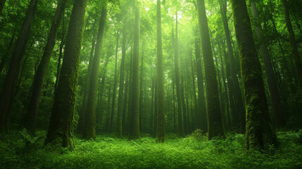 Obraz premium dense forest filled with tall, towering trees, lush greenery, and soft light filtering through canopy creates serene and tranquil atmosphere