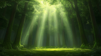 Obraz premium dense forest filled with tall towering trees, sunlight streaming through canopy, creating serene and magical atmosphere. lush greenery invites tranquility and peace